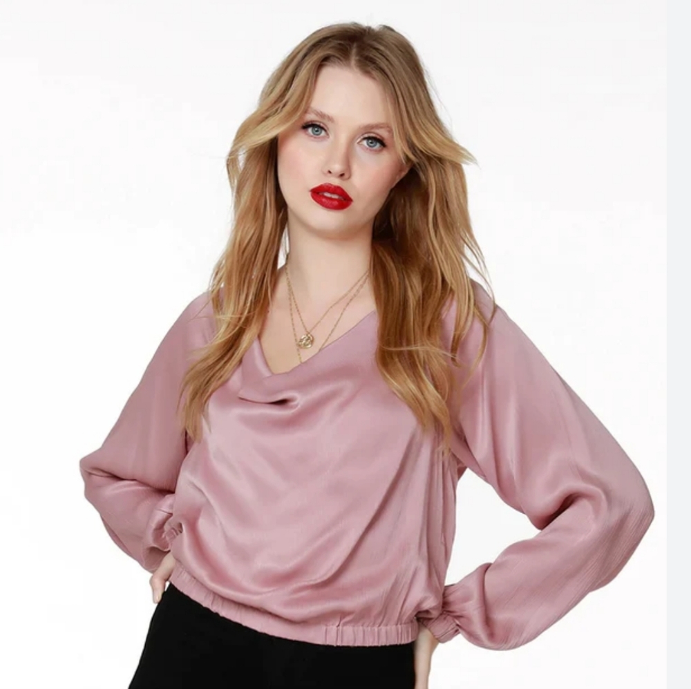 bobi Black Cowl Neck Satin Textured Blouse Size Medium Color Quartz NWT